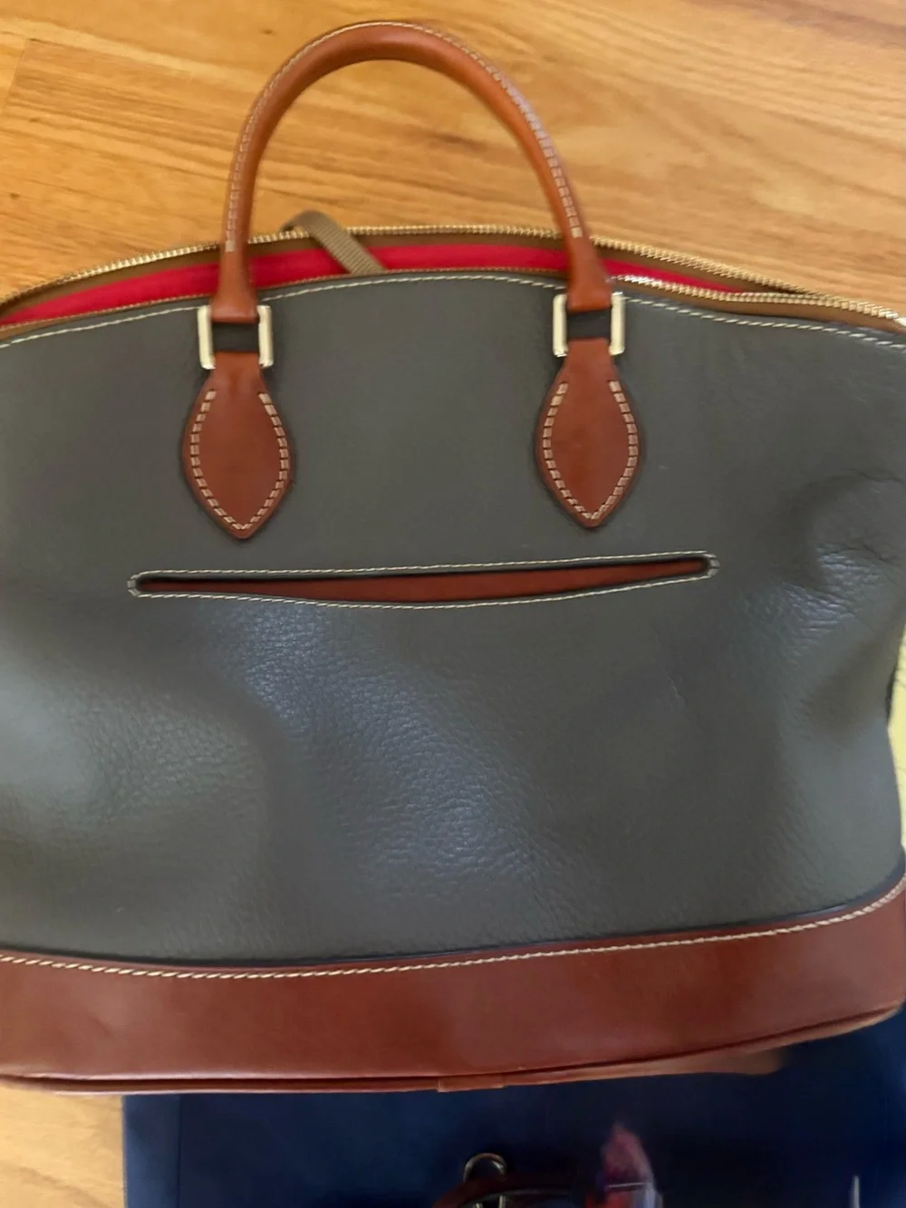 Dooney & Bourke Grey Pebble Leather Satchel with Brown Trim and Red Accent